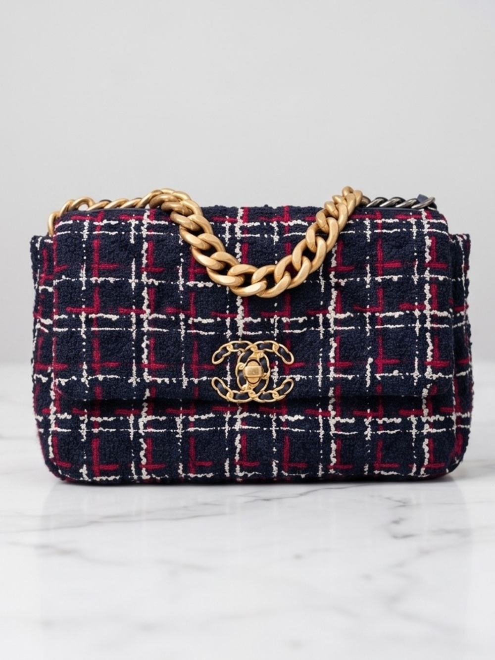 CHANEL Navy, Red & White Tweed Flap Bag with Gold Chain